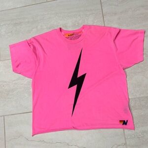 Aviator Nation Neon Pink Tee with Black Lightning Bolt